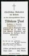 Sterbebildchen Nikolaus Pusl, *1894 †1956