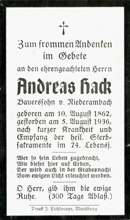Sterbebildchen Andreas Hack, *1862 †1936