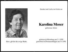 Sterbebildchen Karolina Moser, *1920 †1991