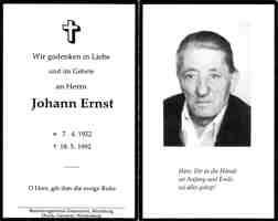 Sterbebildchen Johann Ernst, *1922 †1992