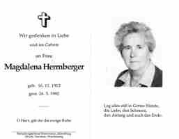 Sterbebildchen Magdalena Herrnberger, *1913 †1992