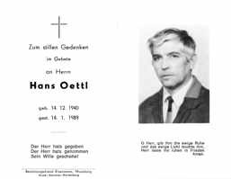 Sterbebildchen Hans Oettl, *1940 †1989