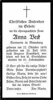 Sterbebildchen Anna Beck, *1870 †1951