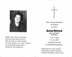 Sterbebildchen Anna Heinze, *1912 †1977