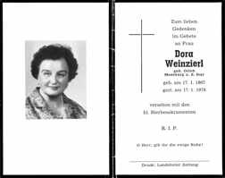 Sterbebildchen Dora Weinzierl, *1907 †1978