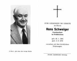 Sterbebildchen Hans Schweiger, *1902 †1978