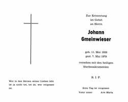 Sterbebildchen Johann Gmeinwieser, *1920 †1979