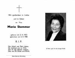Sterbebildchen Maria Stemmer, *1923 †1980