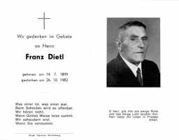 Sterbebildchen Franz Dietl, *1899 †1982