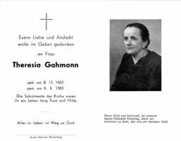 Sterbebildchen Theresia Gahmann, *1903 †1983