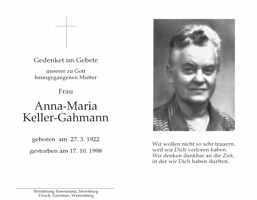 Sterbebildchen Anna-Maria Keller-Gahmann, *1922 †1998