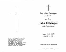 Sterbebildchen Julie Milinger, *1937 †1981