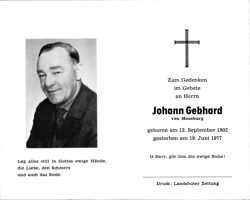 Sterbebildchen Johann Gebhard, *1902 †1977