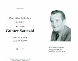 Sterbebildchen Günter Saretzki, *1929 †1997