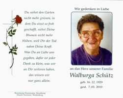 Sterbebildchen Walburga Schütz, *1929 †2010