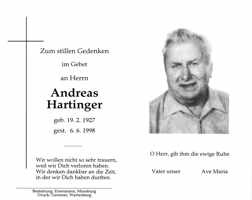 Sterbebildchen Andreas Hartinger, *1927 †1998