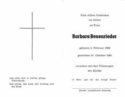 Sterbebildchen Barbara Besenrieder, *1906 †1981