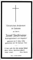Sterbebildchen Josef Sedlmeier, *1896 †1962