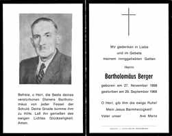 Sterbebildchen Bartholomus Berger, *1898 †1968