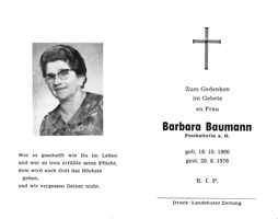 Sterbebildchen Barbara Baumann, *1900 †1976