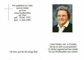 Sterbebildchen Anna Kindsmüller, *1922 †2006
