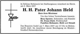 Todesanzeige Pater Johann Held, *1913 †2007