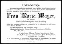 Todesanzeige Maria Mayer, geb. Selmair *1879 †1921