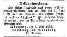 Bekanntmachung eingeschr�nkte Nutzung der Isarbr�cke vom 15. Mai bis 3. Juni 1865