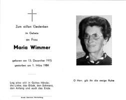 Sterbebildchen Maria Wimmer, *1915 †1984