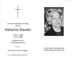 Sterbebildchen Katharina Greulein, *1894 †1985