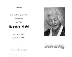 Sterbebildchen Eugenie Hiebl, *1911 †1985