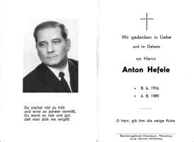 Sterbebildchen Anton Hefele, *1916 †1989