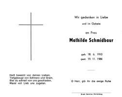 Sterbebildchen Mathilde Schmidbaur, *1910 †1984