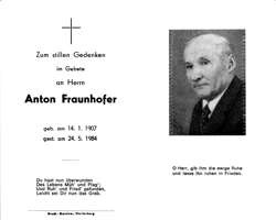 Sterbebildchen Anton Fraunhofer, *1907 †1984