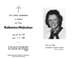 Sterbebildchen Katharina Hinfurtner, *1937 †1989