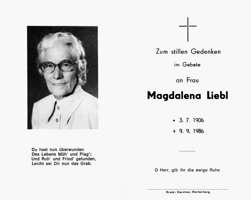 Sterbebildchen Magdalena Liebl, *1906 †1986