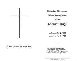 Sterbebildchen Lorenz Nagl, *1892 †1984