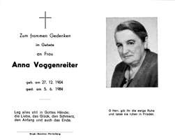 Sterbebildchen Anna Voggenreiter, *1904 †1984