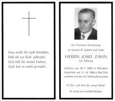 Sterbebildchen Josef Zahn, *1890 †1960