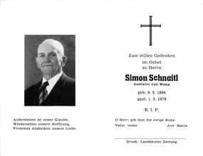 Sterbebildchen Simon Schnaitl, *1894 †1978