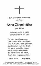 Sterbebildchen Anna Ziegelmller, *1909 †1985