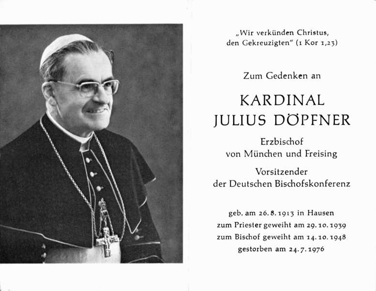 Sterbebildchen Kardinal Julius D�pfner, *26.08.1913 †24.07.1976