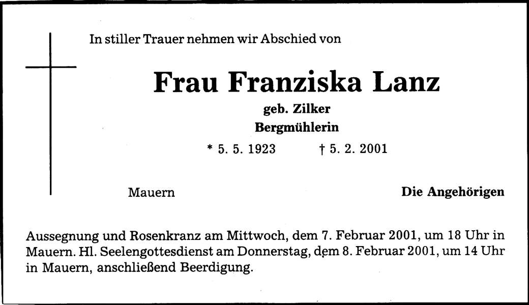 Todesanzeige Franziska Lanz *05.05.1923 †05.02.2001