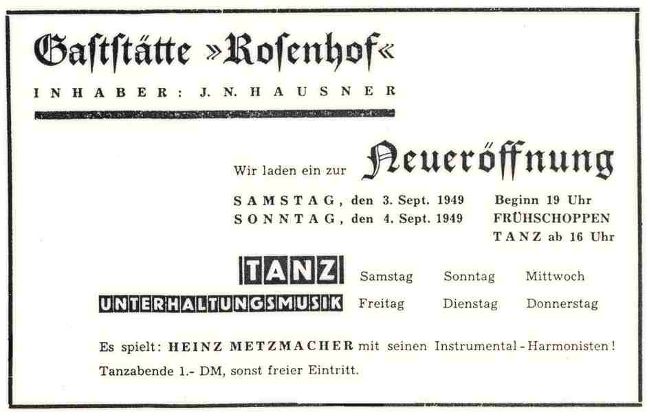 Anzeige Gastst�tte Rosenhof, 1949