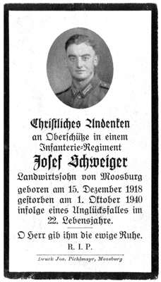 Moosburg Sterbebildchen Josef Schweiger, 1940