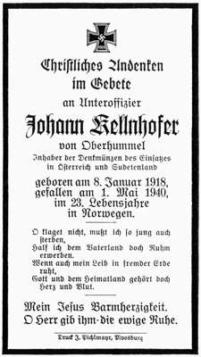 Sterbebildchen Johann Kellnhofer, *08.01.1918� †01.05.1940