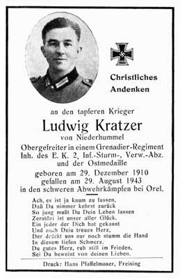 Sterbebildchen Ludwig Kratzer, *29.12.1910� †29.08.1943