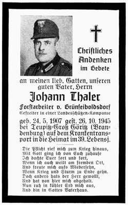 Sterbebildchen Johann Thaler, *24.05.1907� †26.10.1945