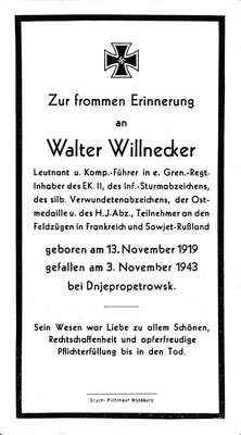 Moosburg Sterbebildchen Walter Willnecker, 1943