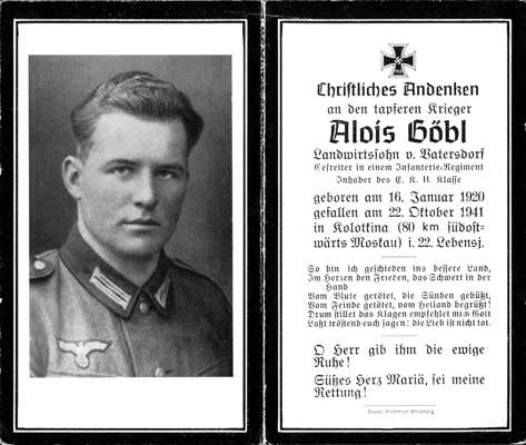 Sterbebildchen Alois G�bl aus Vatersdorf, 1941